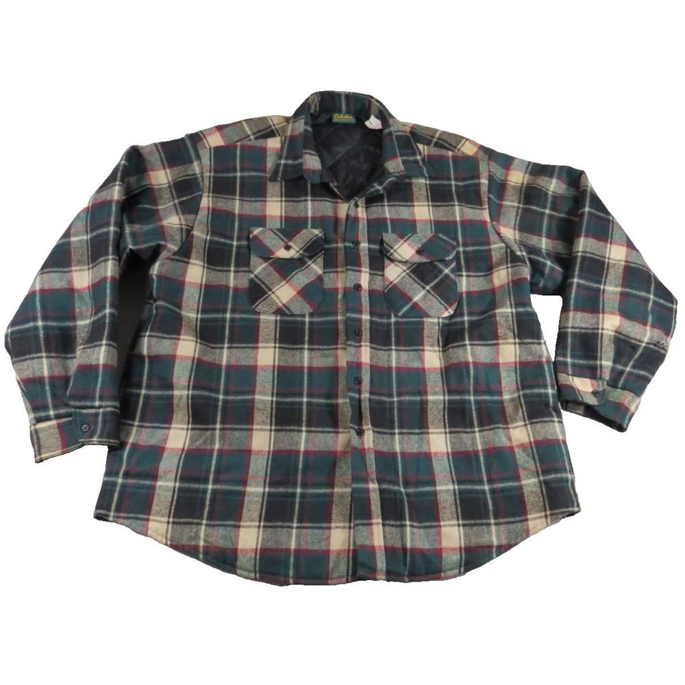 VTG Cabelas Flannel Shirt Jacket Men 2XL Quilted Lined Plaid Made In USA Flaw